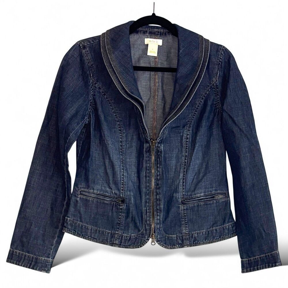 So Be It Women’s Zip Denim Jean Jacket - Double Lapel Collar Sz. 4 - Sz. S